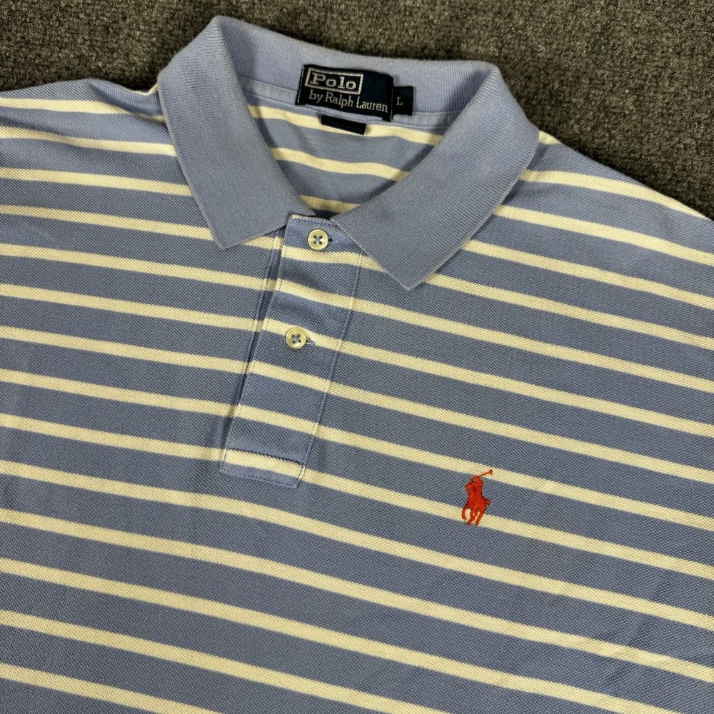 VTG Polo Ralph Lauren Shirt Men's L Blue White Striped Orange Pony Rugby Sport